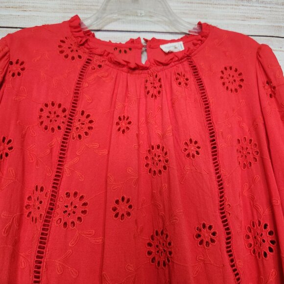 Nicole Miller Womens Artelier Long Sleeve Blouse Embroidered Eyelet Red Large - Picture 2 of 12